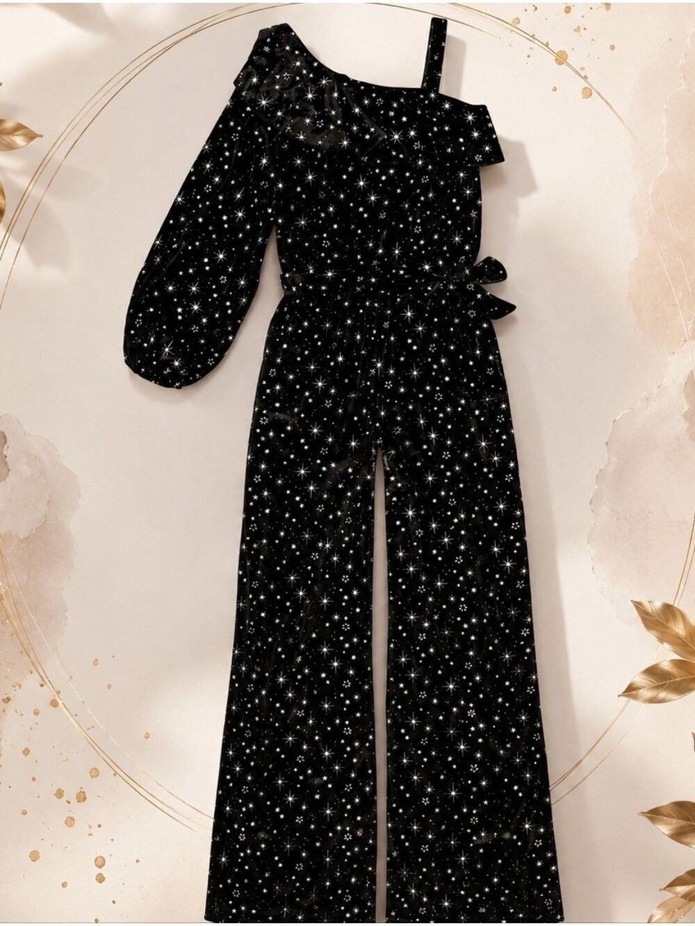Velveteen Glitter Star One Shoulder Pantsuit With Waist Tie